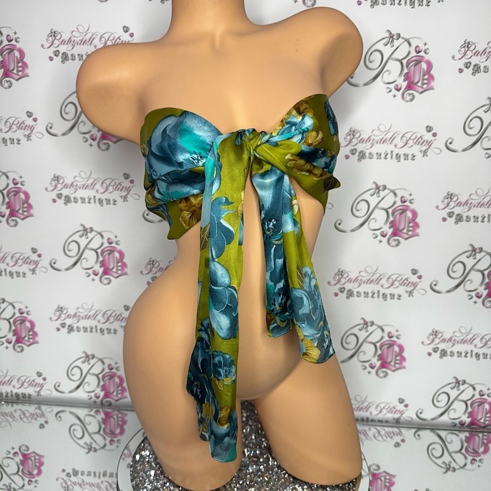 Echo scarf 100% silk versatile green blue shimmer luxe Floral Satin Bow Top
